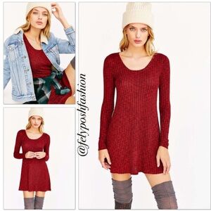 Urban Outfitters Red Ribbed Long Sleeve Mini Dress